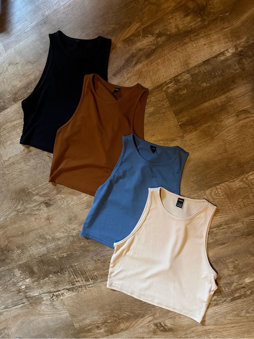 SHEIN Four-Pack Ribbed Crop Tank Tops - Black, Brown, Blue, Cream